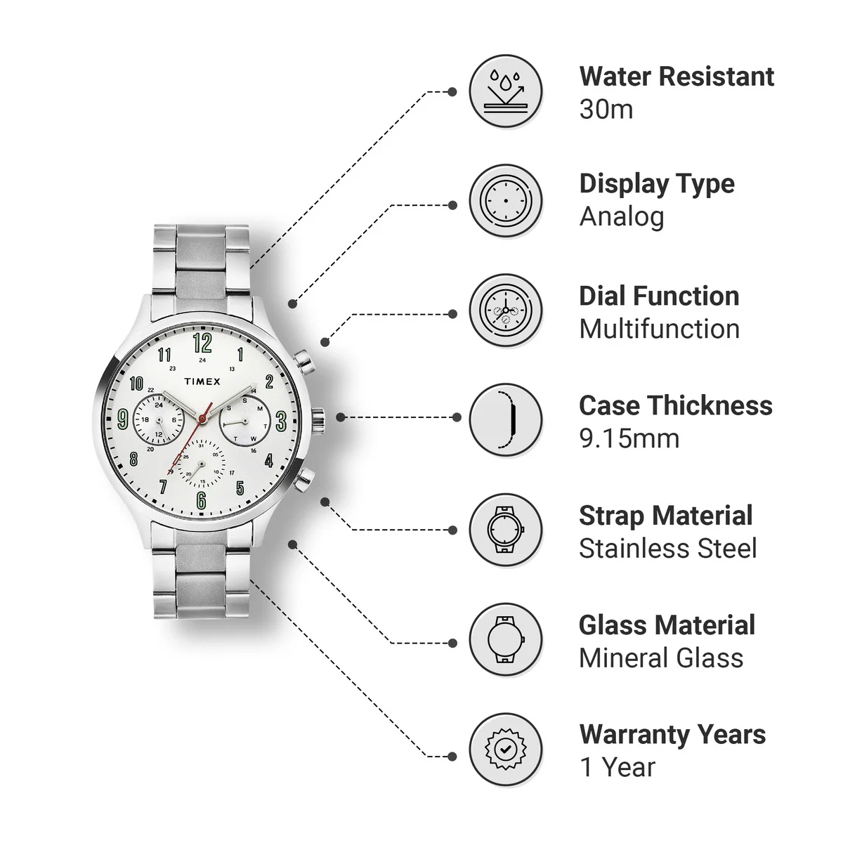 Timex Fashion Collection Premium Quality Multifunction Men Analog Silver Dial Coloured Quartz Watch, Round Dial with 43mm Case width - TWHG03SMU06 - Image 3
