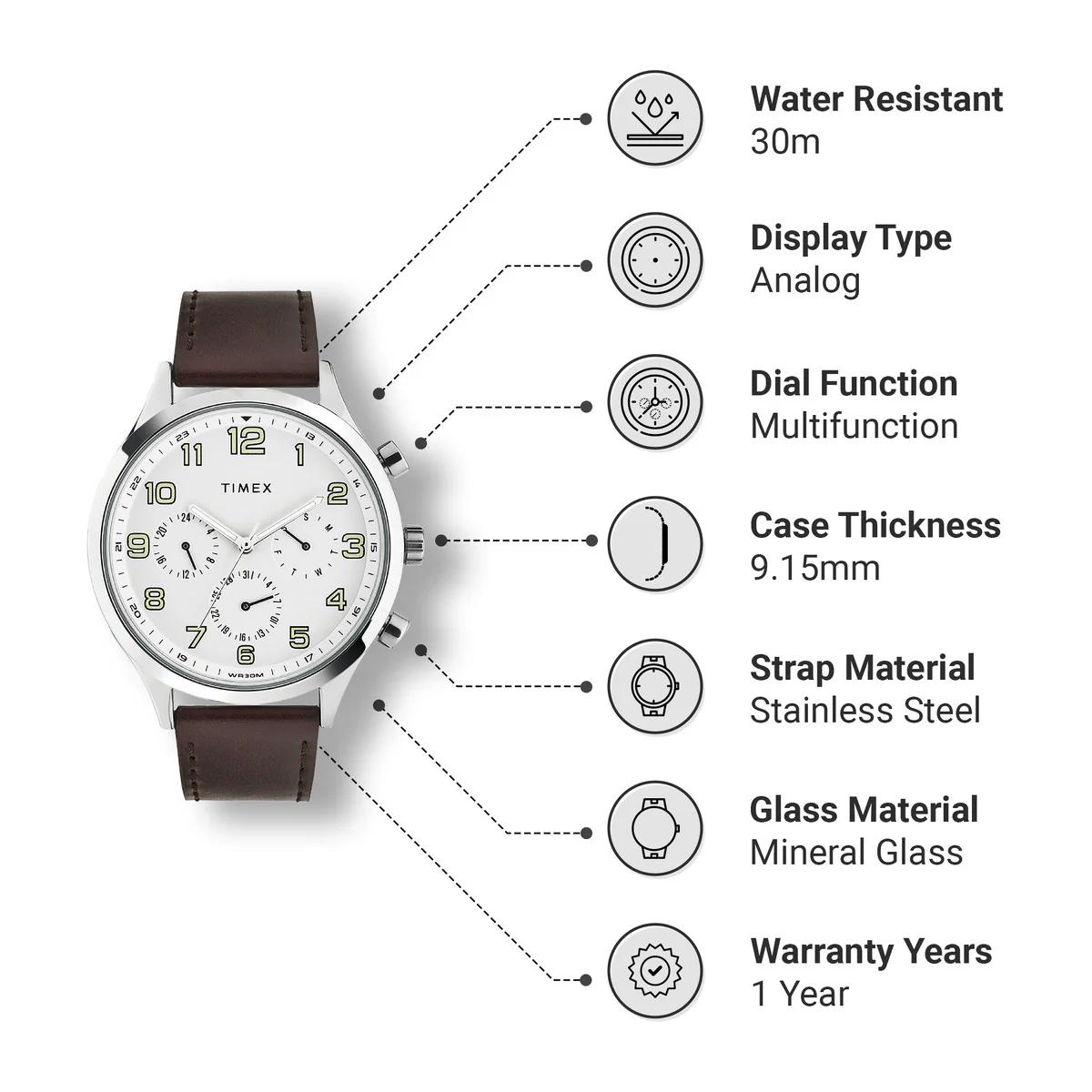 Timex Fashion Collection Premium Quality Multifunction Men Analog Silver Dial Coloured Quartz Watch, Round Dial with 43mm Case width - TWHG03SMU07 - Image 3