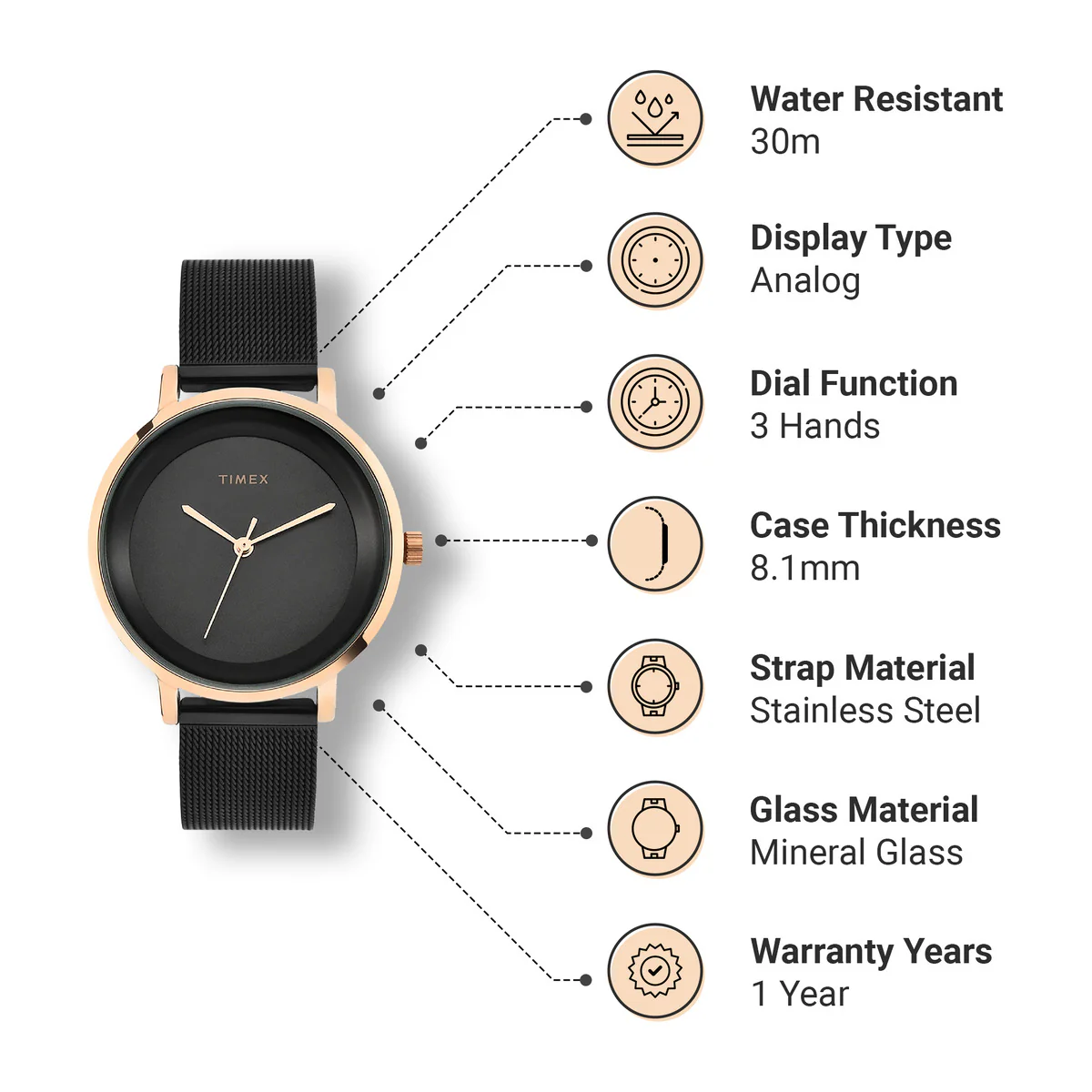 Timex Fashion Collection Premium Quality Women Analog Black Dial Coloured Quartz Watch, Round Dial with 36mm Case width - TWEL129SMU01 - Image 3