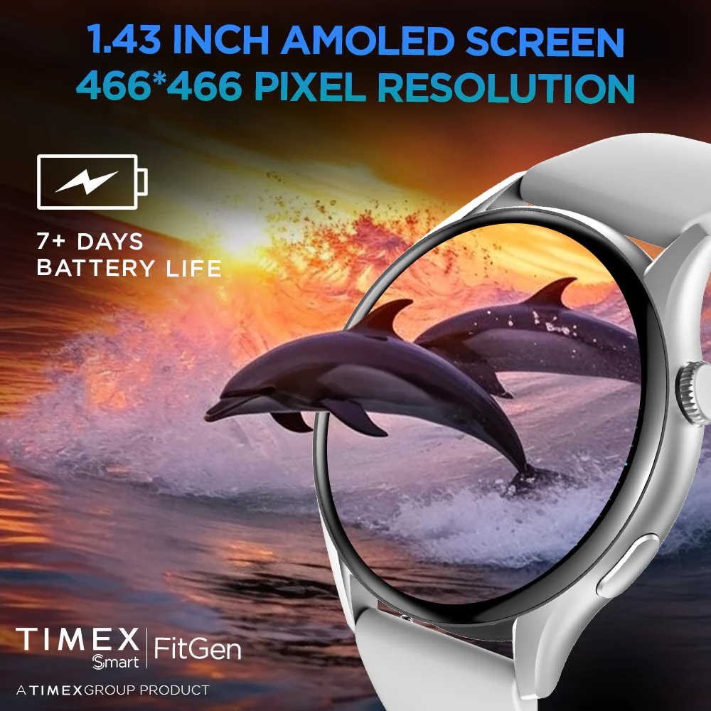 Timex FitGen 1.43 Round AMOLED Smartwatch with 466x466 Pixel Resolution|Single Sync Bluetooth Calling| Rotating Crown| Metallic Body|Always On Display|AI Voice Assist|100 Sports Modes|200 Watchfaces|Upto 7 Days Battery(Normal Usage) - TWTXW502T - Image 3