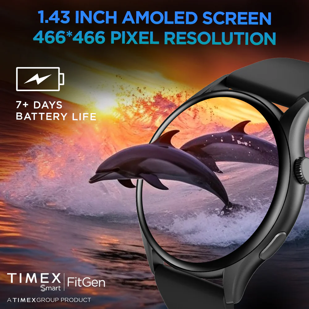 Timex FitGen 1.43 Round AMOLED Unisex Smartwatch With Single Sync Bluetooth Calling| Rotating Crown| Always On Display- TWTXW500T - Image 3