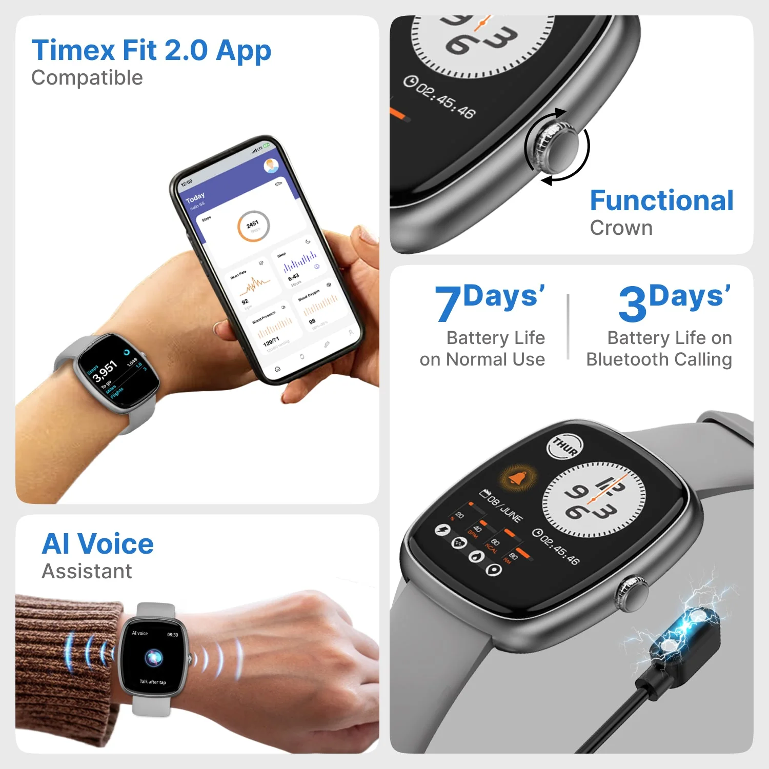 Timex iConnect Calling Ace 1.83 inches (4.6 cm) 3D UI Display with Functional Crown and BT Calling Smartwatch For Unisex - TWIXW1502T - Image 7