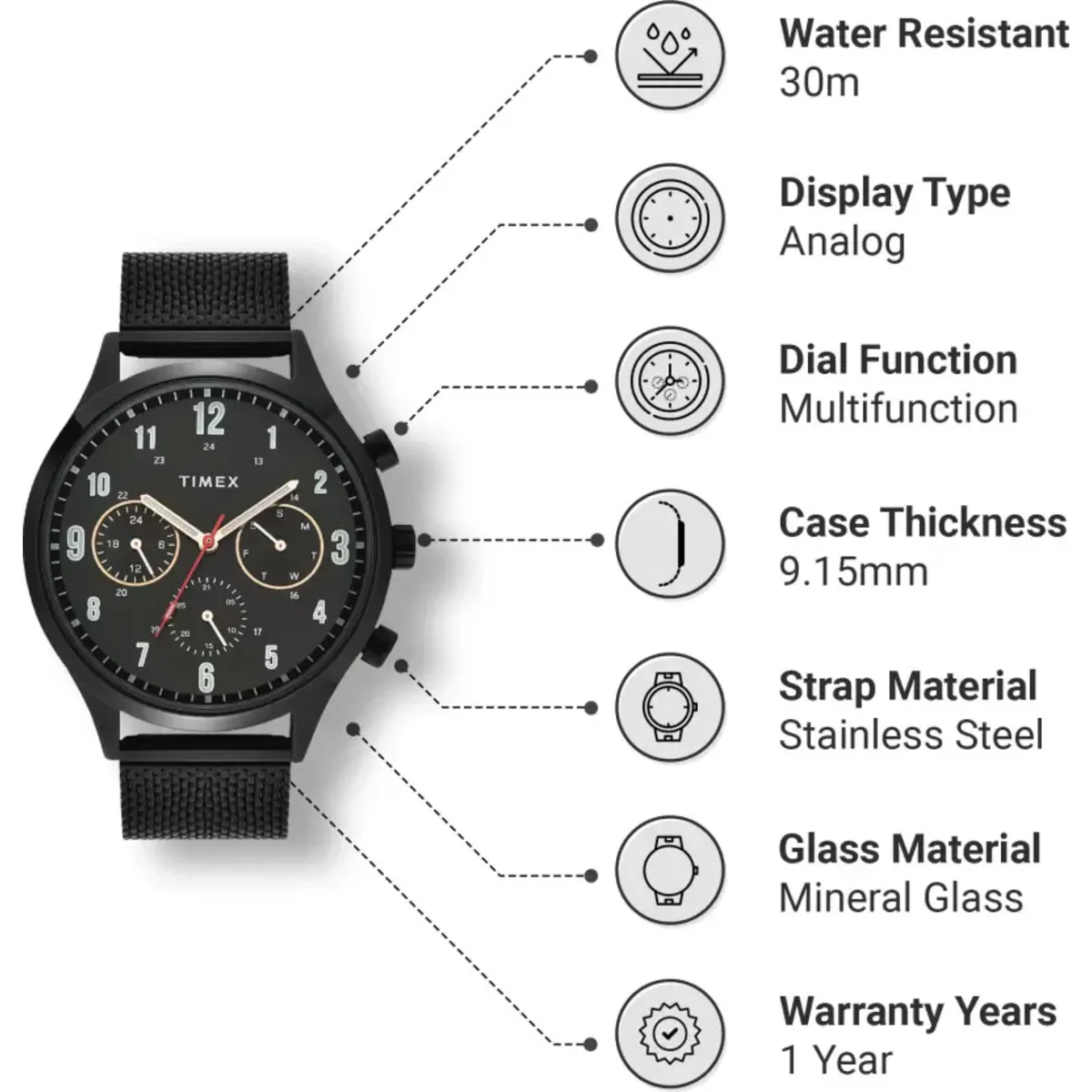 Timex Fashion Men's Black Dial Round Case Multifunction Function Watch -TWHG03SMU03 - Image 2