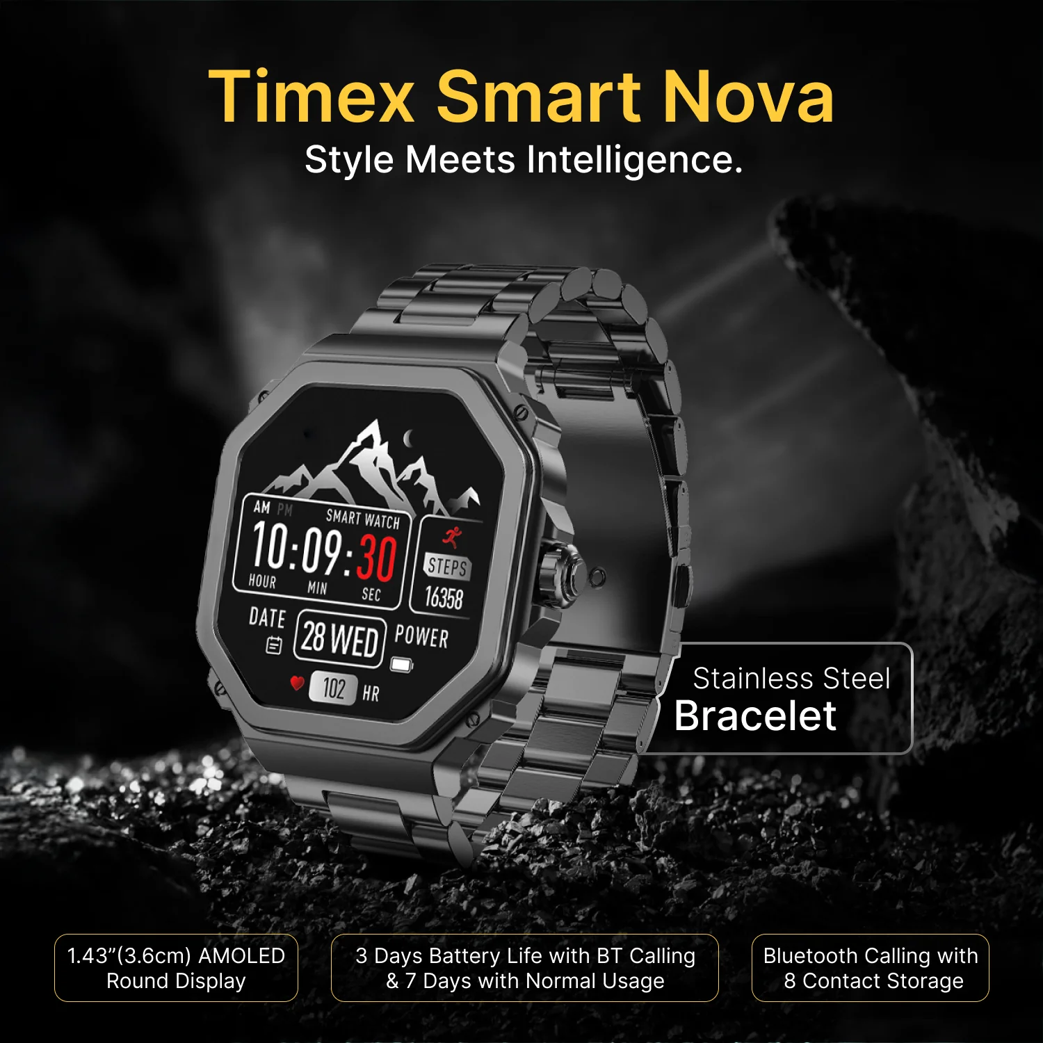 TIMEX Smart Nova 1.43 inches (3.6cm) AMOLED Display with Functional Crown, Stainless Steel Bracelet and BT Calling Smartwatch for Unisex - TWTXW1003T - Image 4