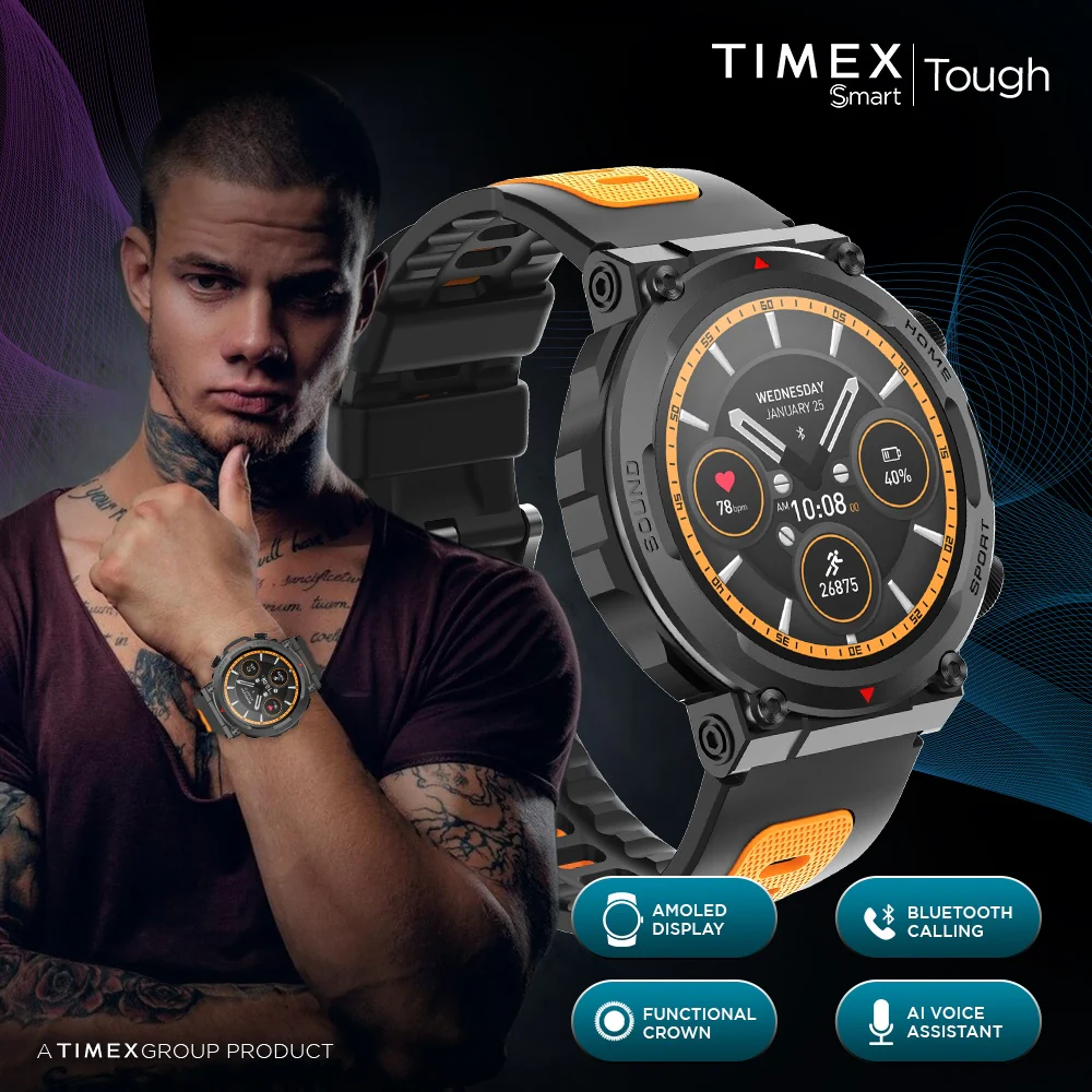 Timex Tough 1.43 inches Round AMOLED Rugged Smartwatch with 466x466 Pixel Resolution| Functional Crown|Bluetooth Calling| Metallic Body|Always On Display|AI Voice Assist|100 Sports Modes|100 Watchfaces|Upto 7 Days Battery(Normal Usage) - TWTXW601T - Image 3