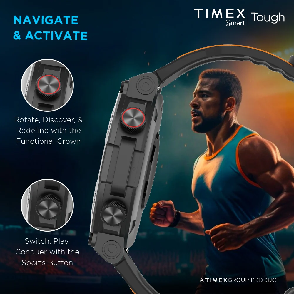 Timex Tough 1.43 inches Round AMOLED Rugged Smartwatch with 466x466 Pixel Resolution| Functional Crown|Bluetooth Calling| Metallic Body|Always On Display|AI Voice Assist|100 Sports Modes|100 Watchfaces|Upto 7 Days Battery(Normal Usage) - TWTXW601T - Image 9