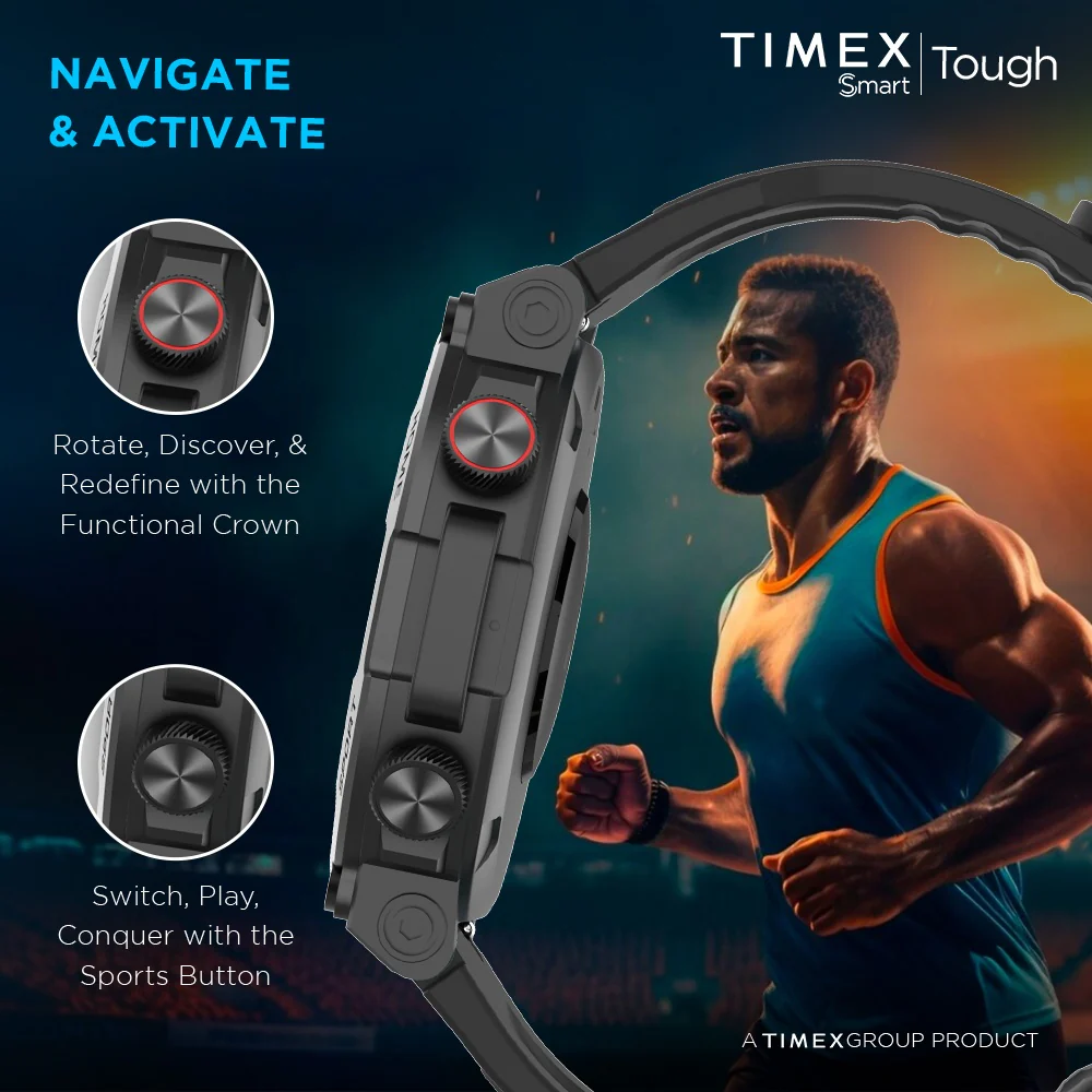 Timex Tough 1.43 inches Round AMOLED Rugged Smartwatch with 466x466 Pixel Resolution| Functional Crown|Bluetooth Calling| Metallic Body|Always On Display|AI Voice Assist|100 Sports Modes|100 Watchfaces|Upto 7 Days Battery(Normal Usage) - TWTXW602T - Image 9