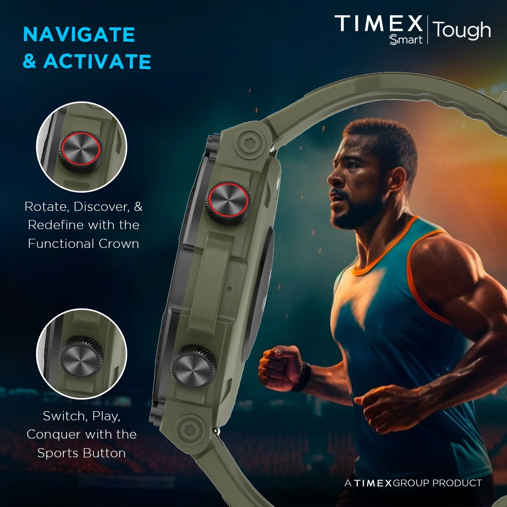 Timex Tough 1.43 inches Round AMOLED Rugged Smartwatch with 466x466 Pixel Resolution| Functional Crown|Bluetooth Calling| Metallic Body|Always On Display|AI Voice Assist|100 Sports Modes|100 Watchfaces|Upto 7 Days Battery(Normal Usage) - TWTXW600T - Image 4