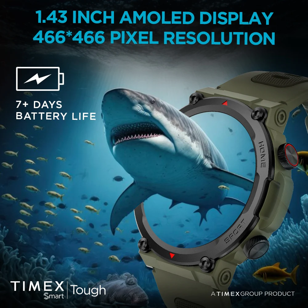 Timex Tough 1.43 inches Round AMOLED Rugged Smartwatch with 466x466 Pixel Resolution| Functional Crown|Bluetooth Calling| Metallic Body|Always On Display|AI Voice Assist|100 Sports Modes|100 Watchfaces|Upto 7 Days Battery(Normal Usage) - TWTXW600T - Image 6